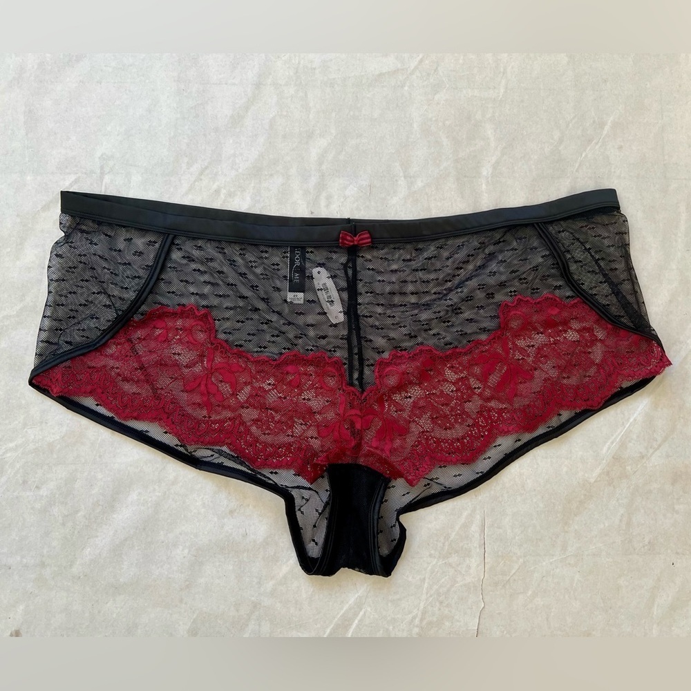 NWT Adore Me Black Red  Lace Panty Size 4XL Plus Size Satin trim Mesh Hipster